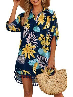 Women's Floral Blue Polyester Cover Up Tassel Swimsuit Bathing Suit for Swimwear